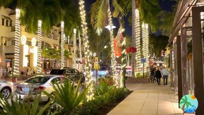 A street lined with palm trees and illuminated by string lights, with parked cars and pedestrians. - Enjoy a new construction home with heated salt pool close to everything Naples (Naples)