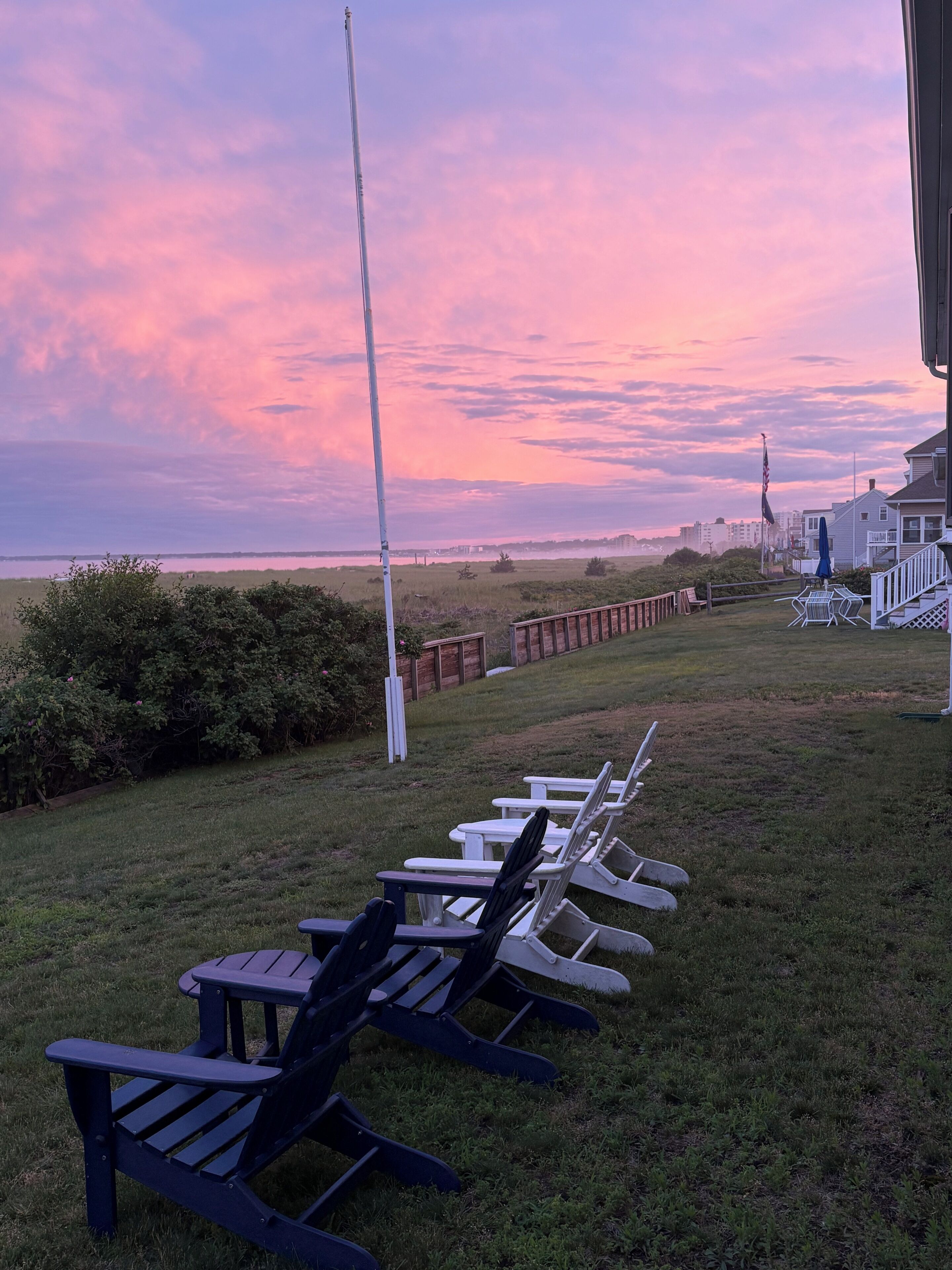 A row of Adirondack chairs on a grassy lawn with a view of the ocean and a building in the background.