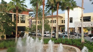 Une cour avec une fontaine, des palmiers et un bâtiment sur lequel on peut lire l’inscription « Cantina Laredo ».