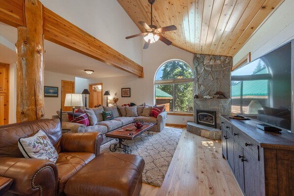 Älytelevisio, takka, DVD-soitin, kirjoja