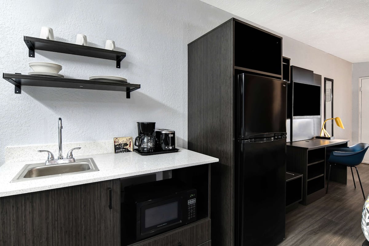 full-sized fridge, microwave, coffee/tea maker, toaster