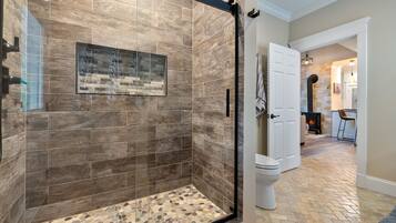 Combined shower/bathtub, jetted bath, hair dryer, towels
