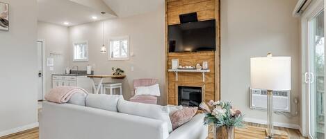 Smart TV, fireplace, DVD player, video library