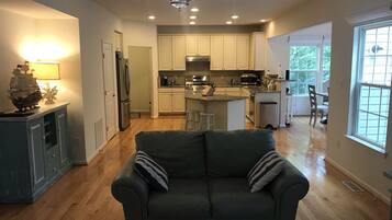 Smart TV, fireplace, books, music library