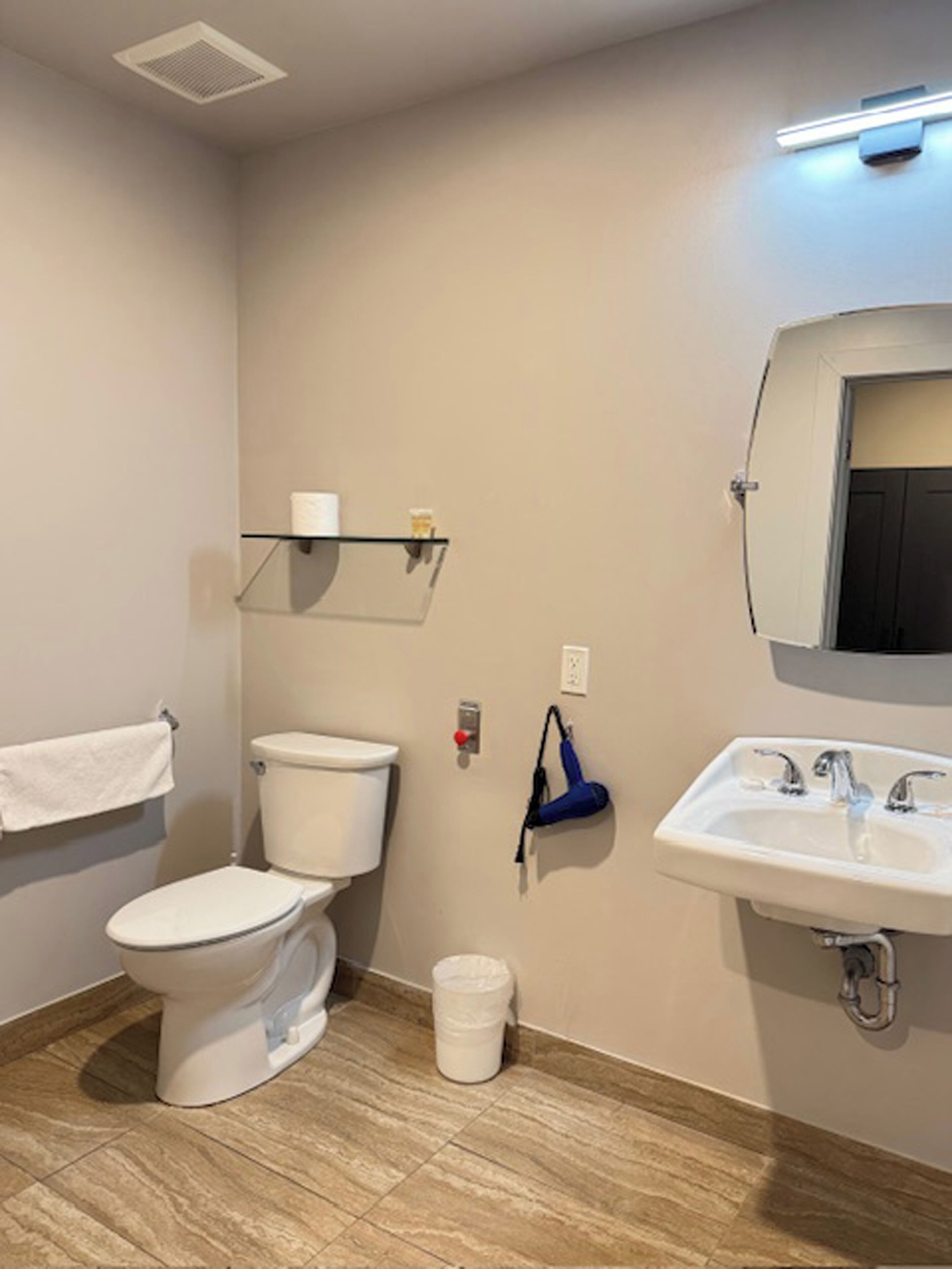 A bathroom with a toilet, sink, and a trash bin.