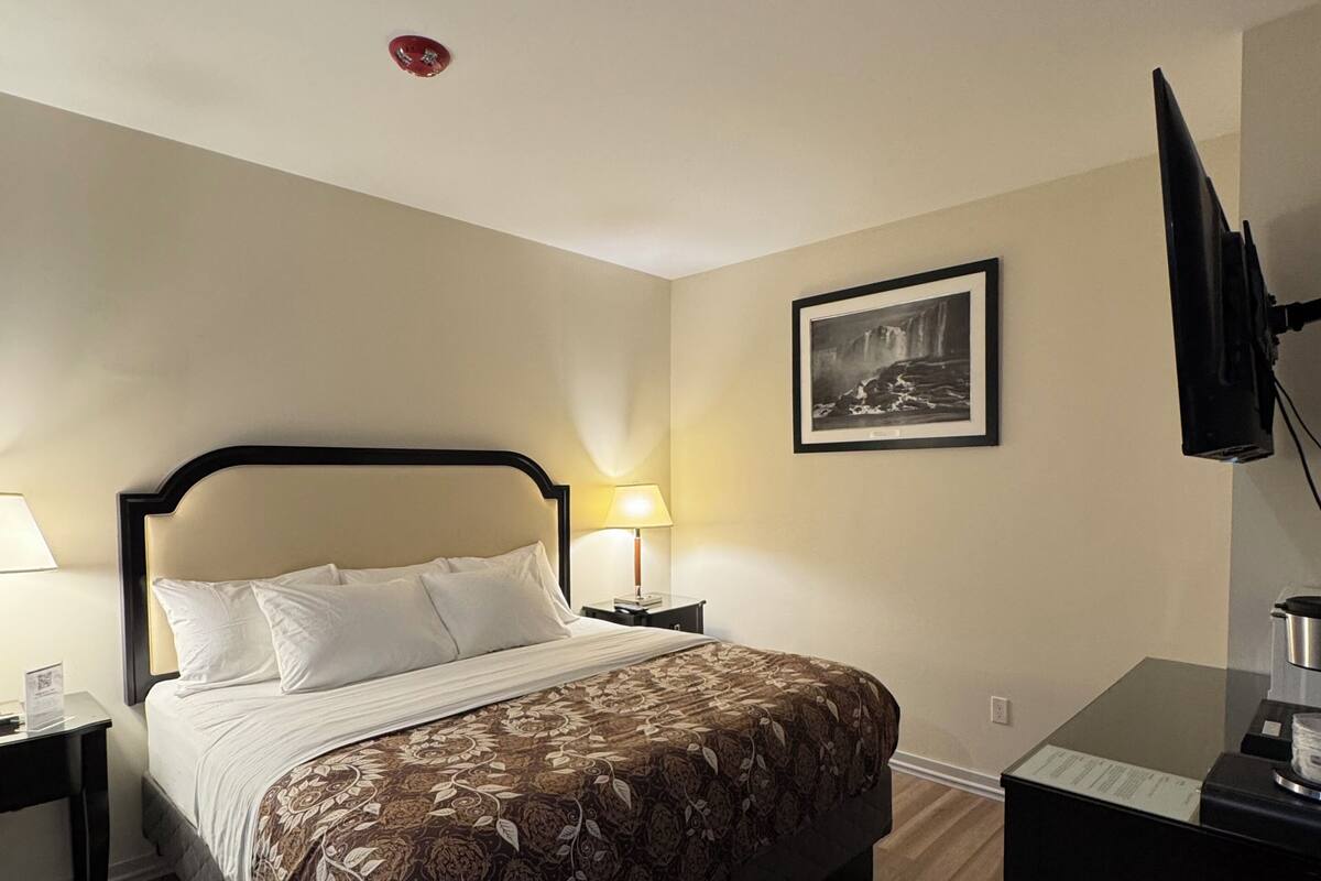 Quarto de hotel com cama, mesas de cabeceira, escrivaninha, televisão e um quadro na parede.