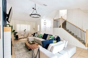 Smart TV, fireplace, books