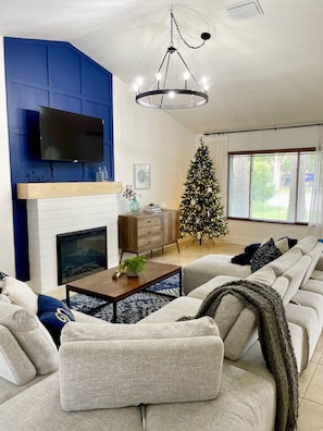 Smart TV, fireplace, books