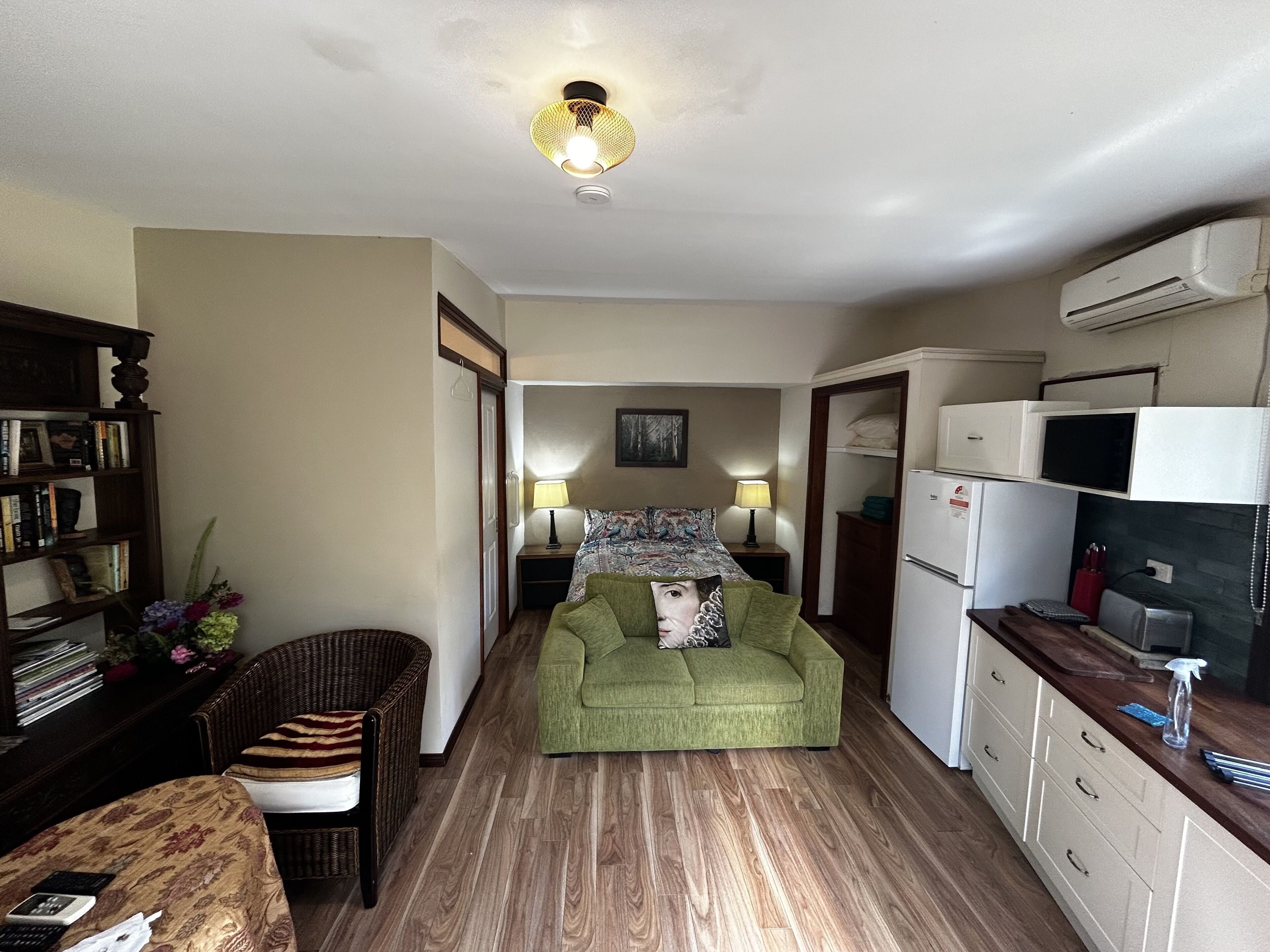 TV, DVD player, books, video library