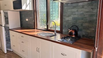 Fridge, microwave, stovetop, electric kettle