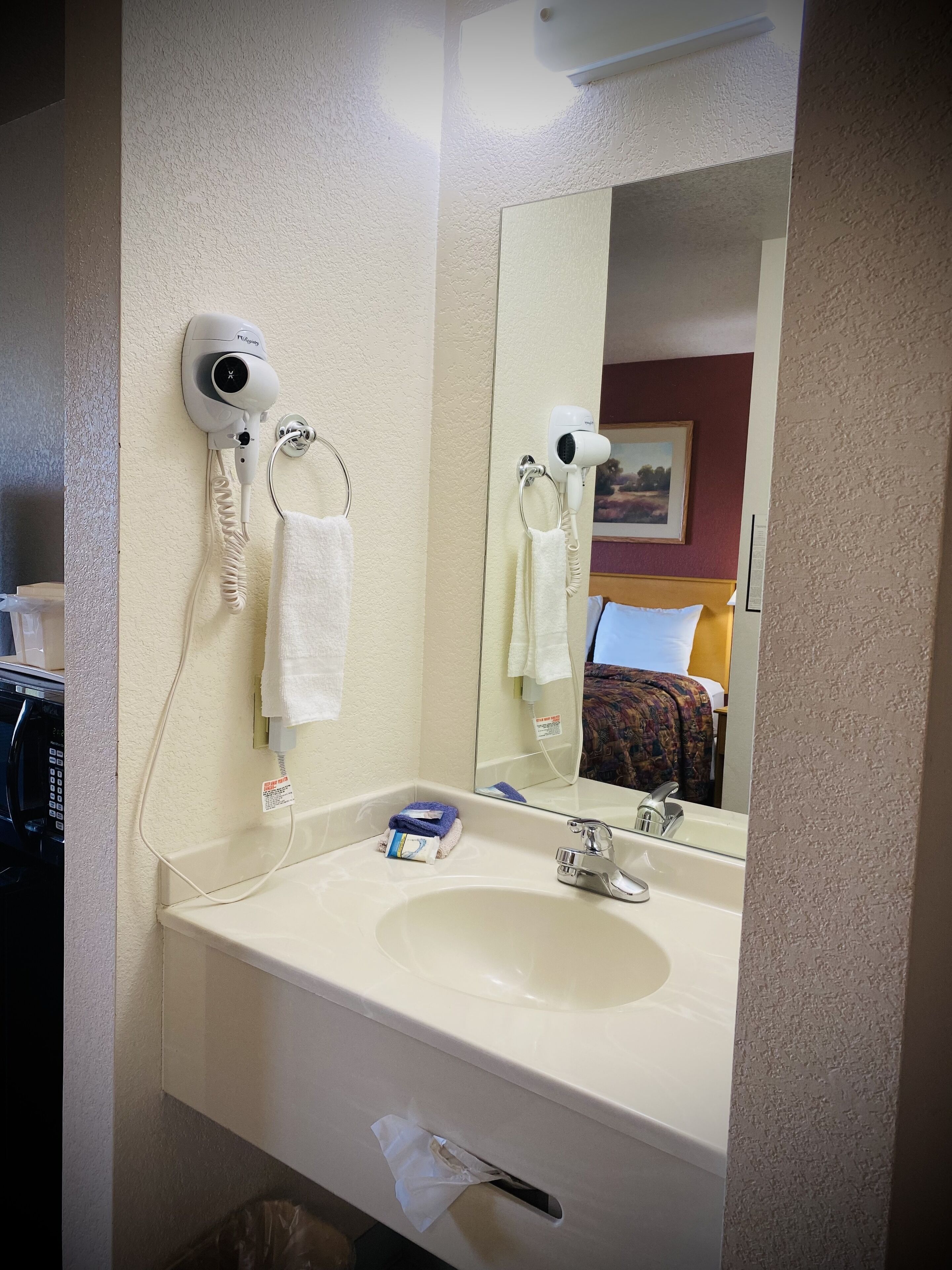 hair dryer, towels, soap, shampoo