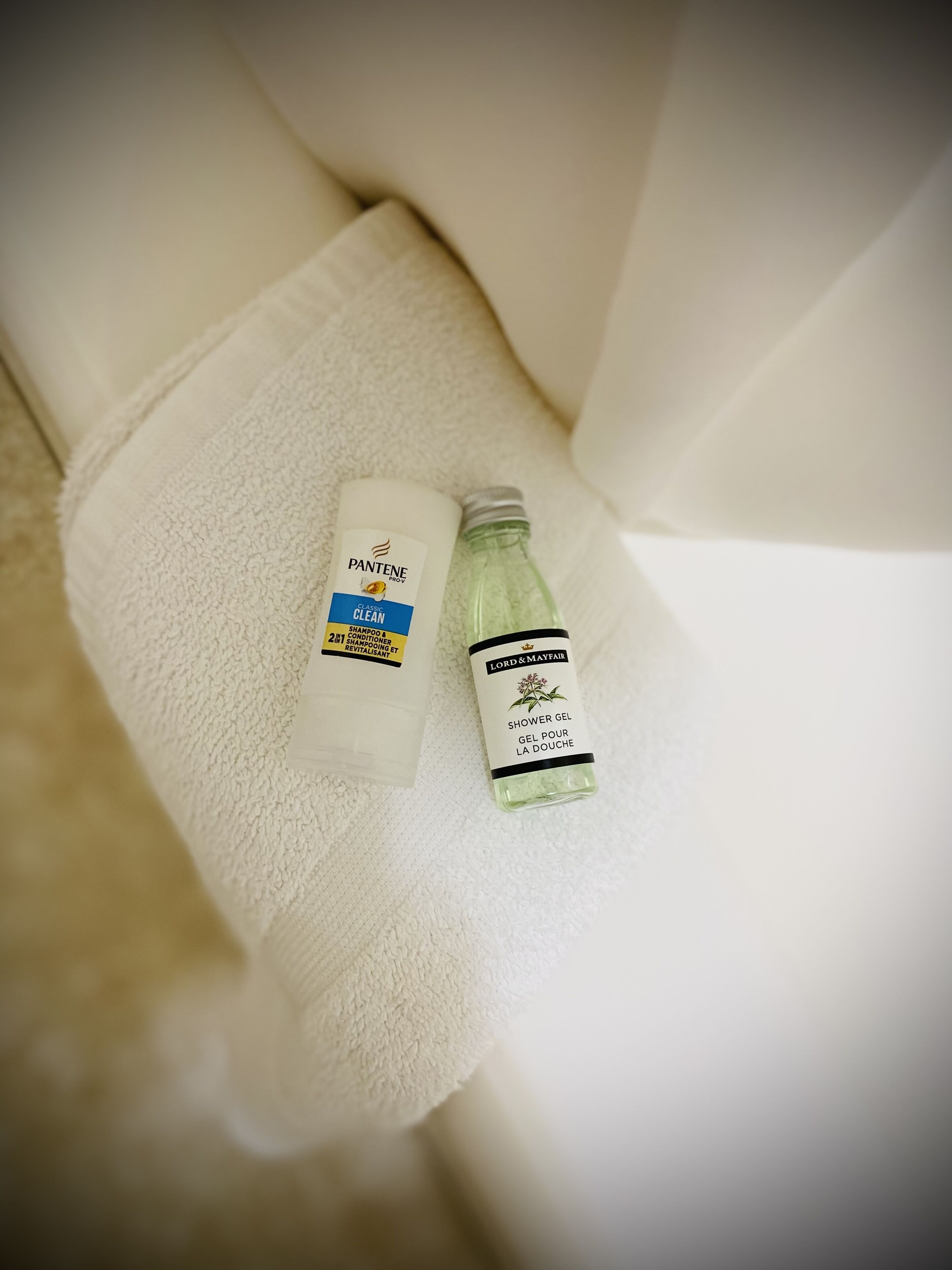 hair dryer, towels, soap, shampoo