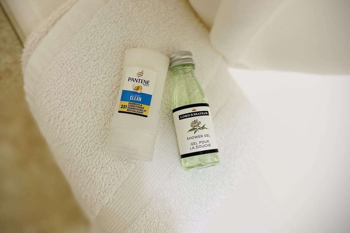 hair dryer, towels, soap, shampoo