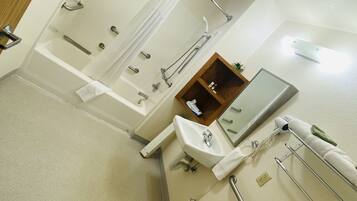 Hair dryer, towels, soap, shampoo