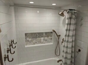Hair dryer, towels, soap, shampoo