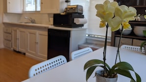A modern kitchen with white cabinets, a microwave, and a sink. There are two potted orchids on the dining table.