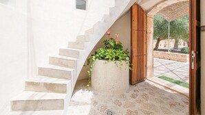A concrete staircase leading to a wooden door, with a planter with plants on the landing. - Holiday Home "Es Gassons" with Pool, Wi-Fi, AC, Terrace & Garden (María de la Salut)