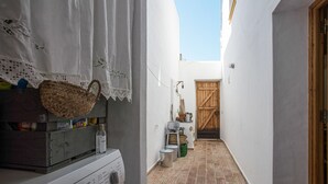 Un couloir étroit avec un lave-linge, une porte en bois et une petite table sur laquelle est posée une plante en pot.
