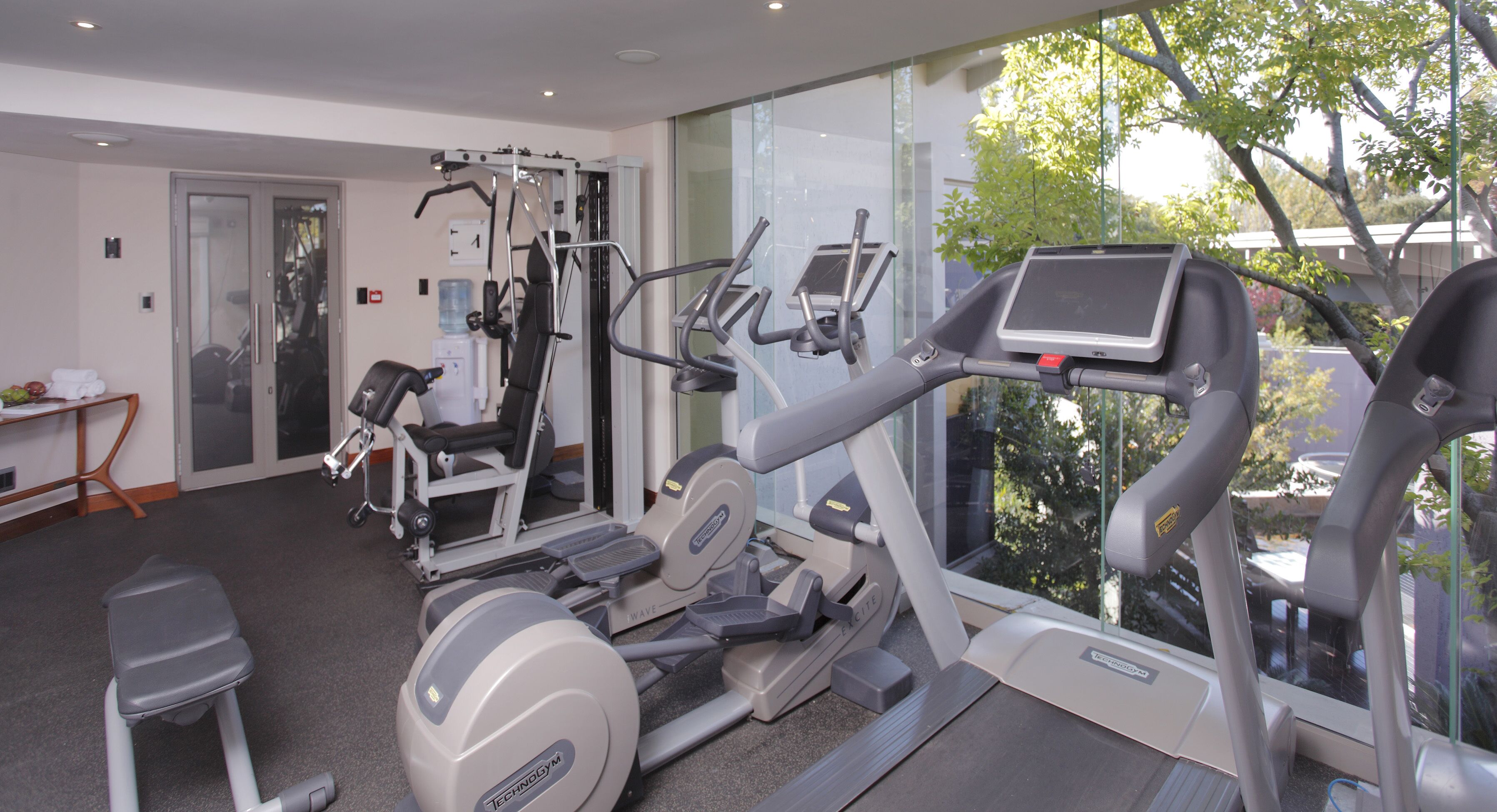 Un gimnasio moderno con máquinas de cardio, equipo de entrenamiento con pesas y una cinta de correr.