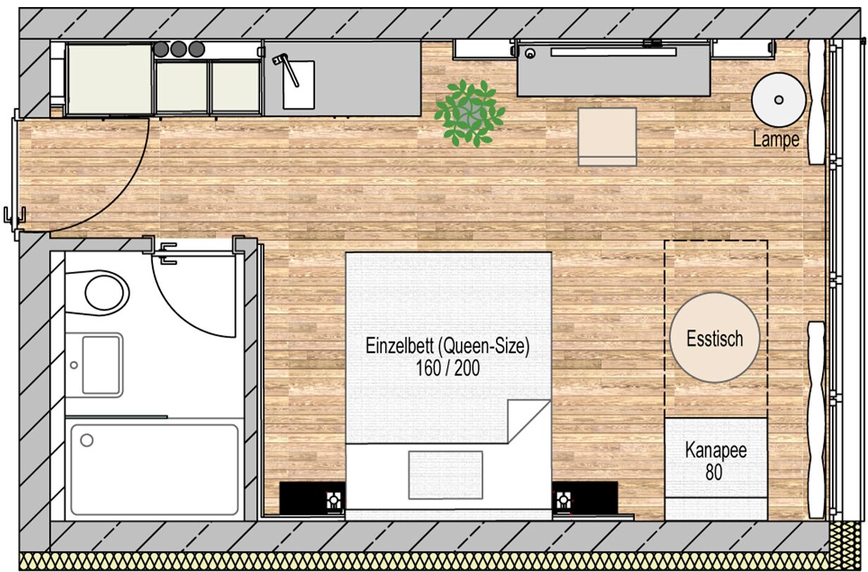 A hotel room layout with a queen-size bed, ensuite bathroom, and a small sitting area.