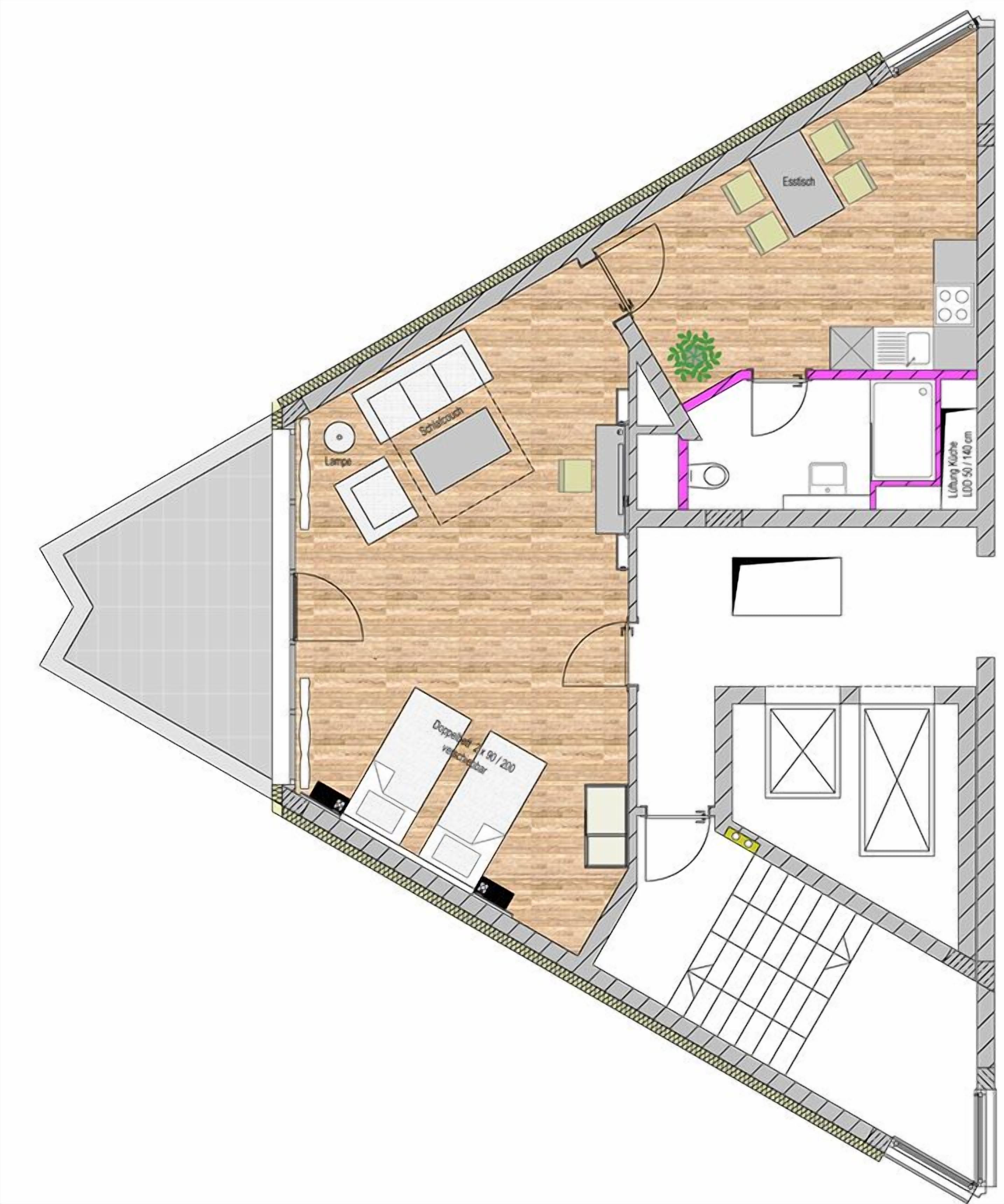 A floor plan of a hotel room with a living area, a kitchen, a bathroom, and a balcony.