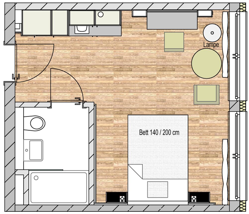 A kitchen with a central island, a dining area with two chairs, and a large window.
