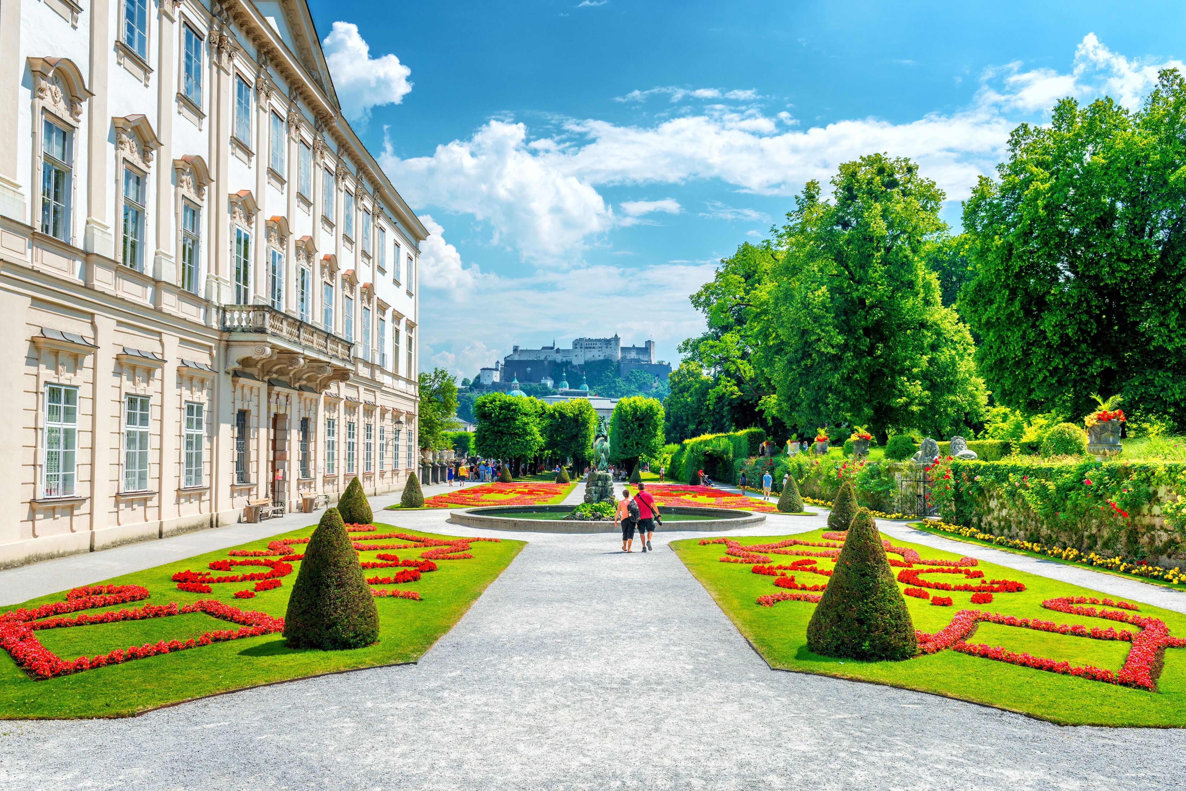 Un jardín formal con parterres simétricos, un camino central y un edificio grande de arquitectura clásica.