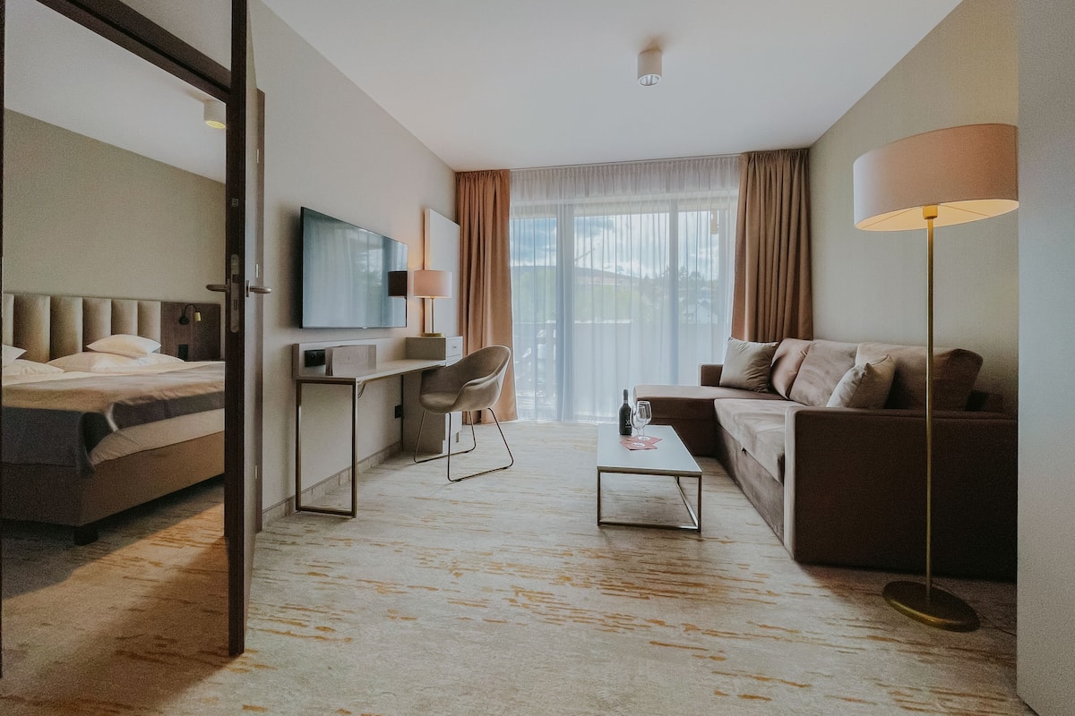 A hotel room with a bed, a desk, a sofa, a coffee table, and a TV.