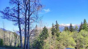 A wooden deck overlooking a forested area with mountains in the background. - Bright studio in Pra-Loup with parking (Pra-Loup)