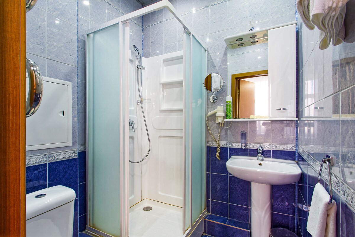 A bathroom with a glass-enclosed shower, a white sink, and a mirror above it.