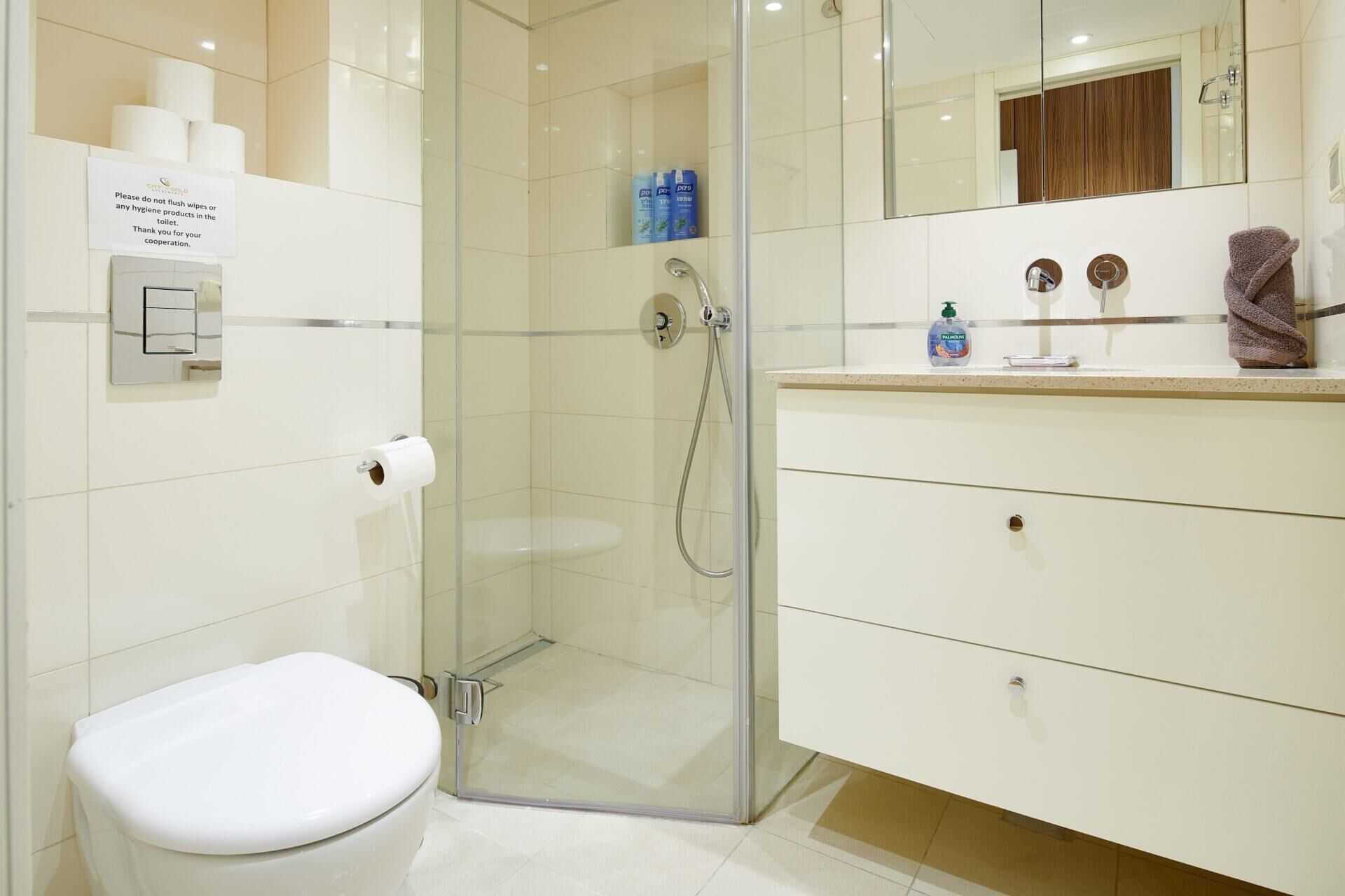 Un baño moderno con ducha de vidrio, inodoro y tocador con espejo.