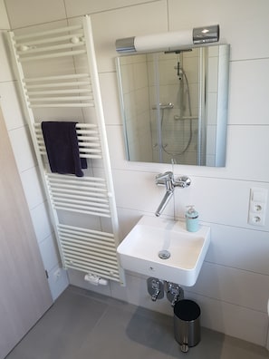 Secador de cabelo, toalhas de banho, sabonete, papel higiênico