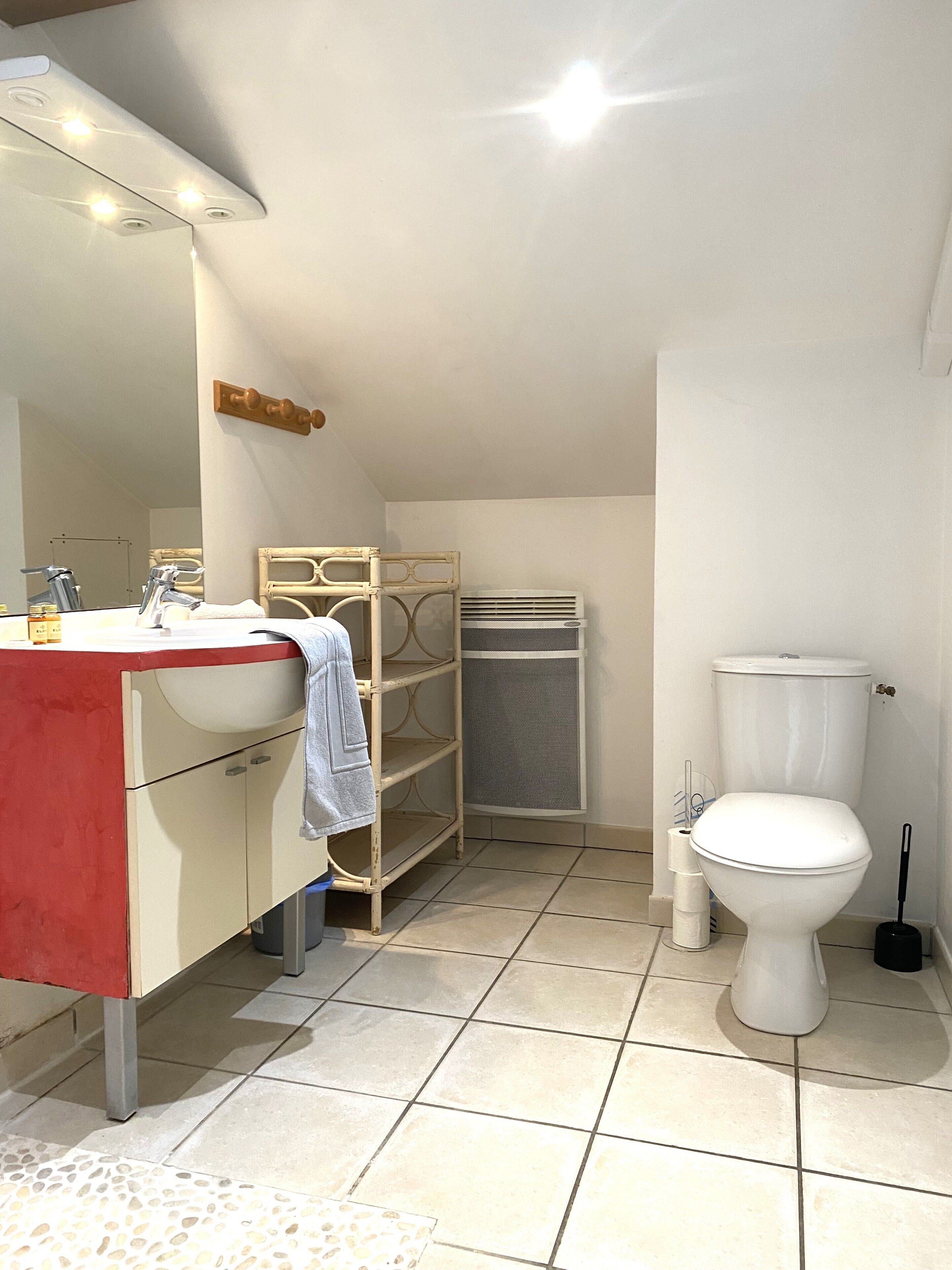 Een badkamer met een wit wastafel, spiegel en toilet. Er is een plankje met een handdoek en een toiletborstel.