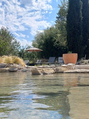 Uma área externa tranquila com piscina cristalina, cadeiras de descanso e um grande vaso de terracota.