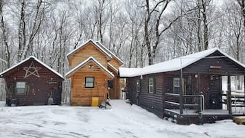 Escape to a secluded log cabin surrounded by a serene winter wonderland.