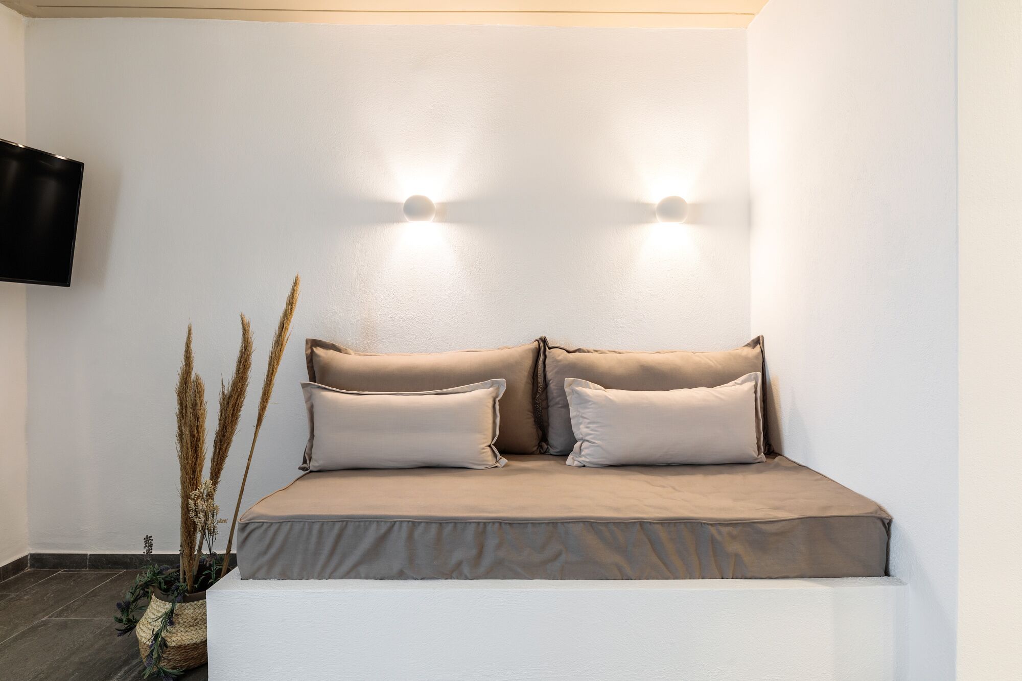 Una cama con dos almohadas, un televisor montado en la pared y una planta decorativa.