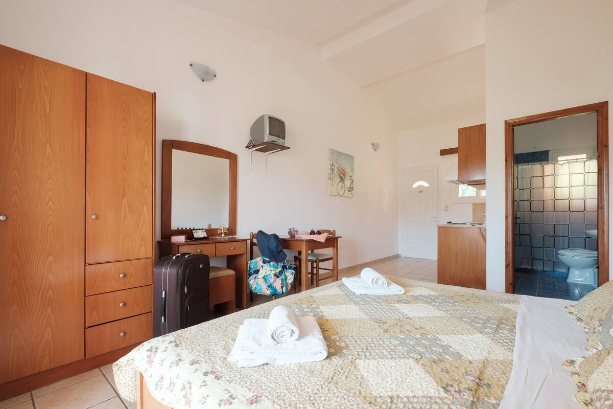 Habitación de hotel con cama, escritorio, armario, baño y espejo.