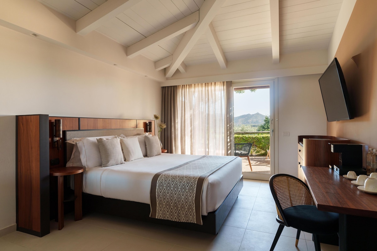 Una habitación de hotel con cama, escritorio, silla, televisor y vistas al exterior.