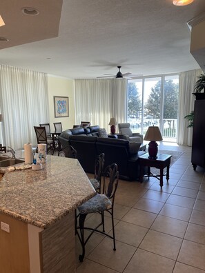 TV, fireplace, books