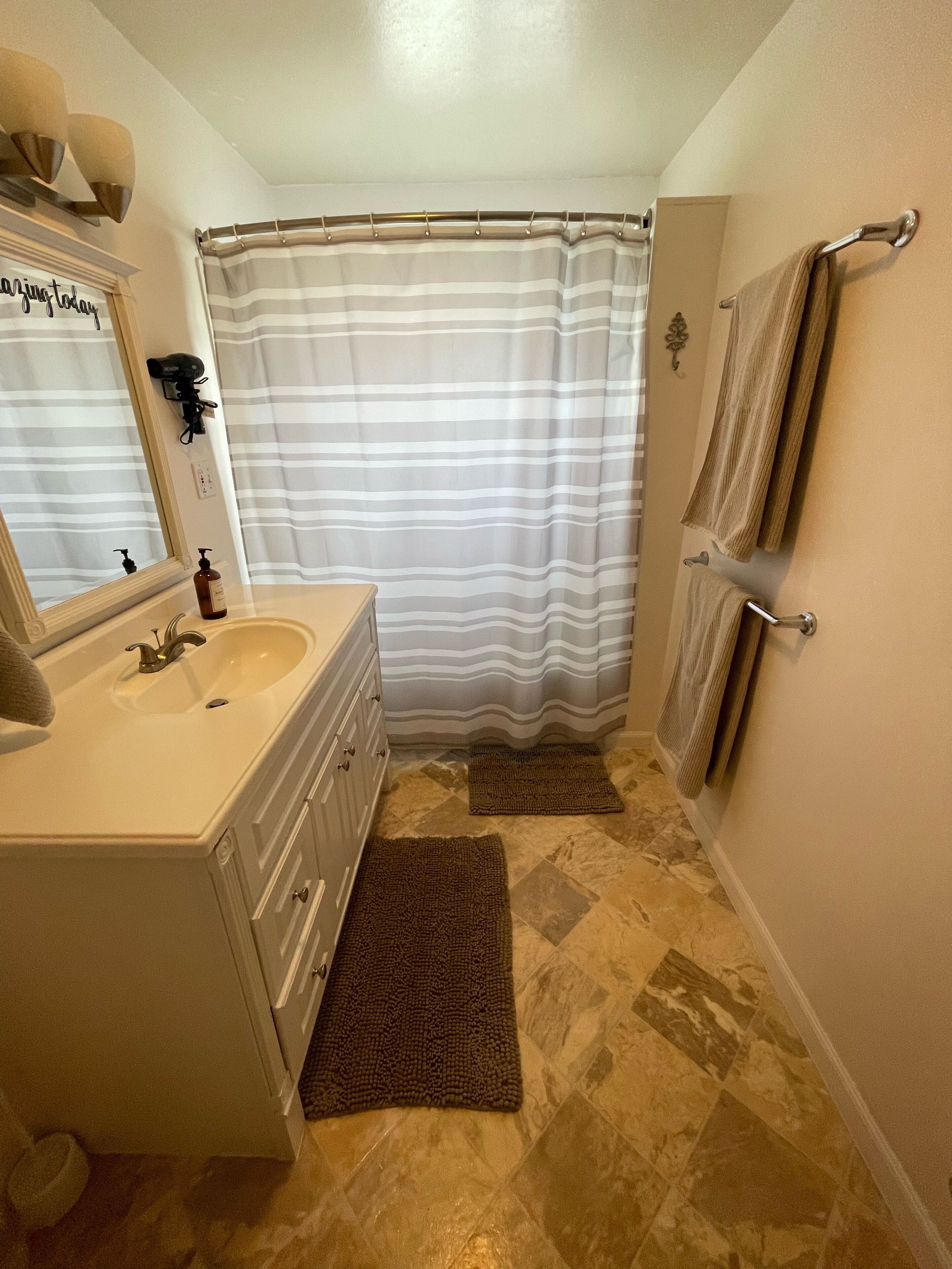 Hair dryer, towels, soap, shampoo