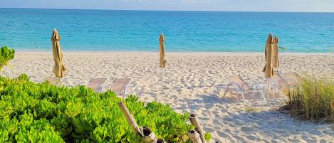 In Strandnähe, Liegestühle, Sonnenschirme, Strandtücher