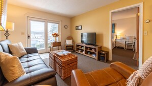 A living room with a sofa, a TV, a coffee table, and a bookshelf. - Awesome in Walloon Village (Walloon Lake)