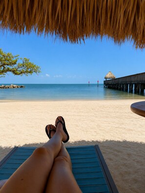 A beach view with a thatched roof structure, a pier extending into the water, and a sandy beach. - 4 Flr |2 Mastr |Oceanview |Jacuzzi |Beach |Marina (Tavernier)