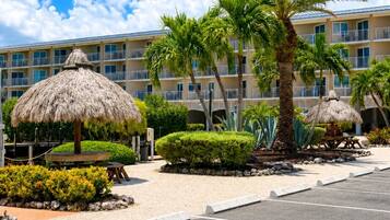 A hotel with a parking lot, palm trees, and thatched umbrellas.