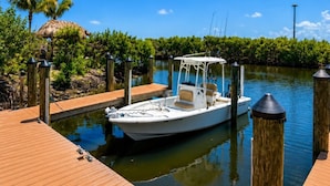 A boat docked at a wooden pier with a clear blue sky and lush greenery in the background.