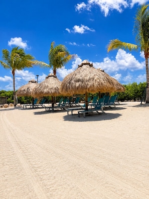 A beach with thatched umbrellas and green lounge chairs. - 4 Flr |2 Mastr |Oceanview |Jacuzzi |Beach |Marina (Tavernier)