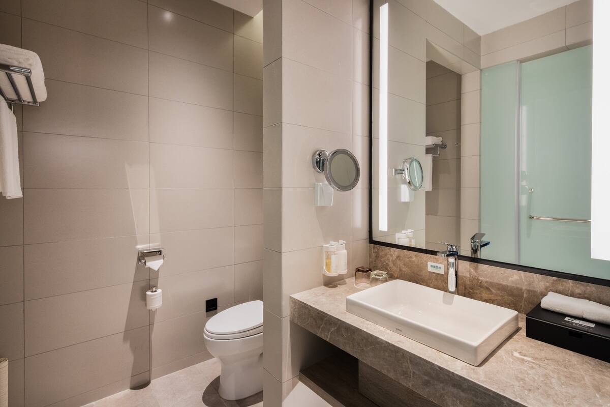 A modern bathroom with a toilet, sink, and mirror.