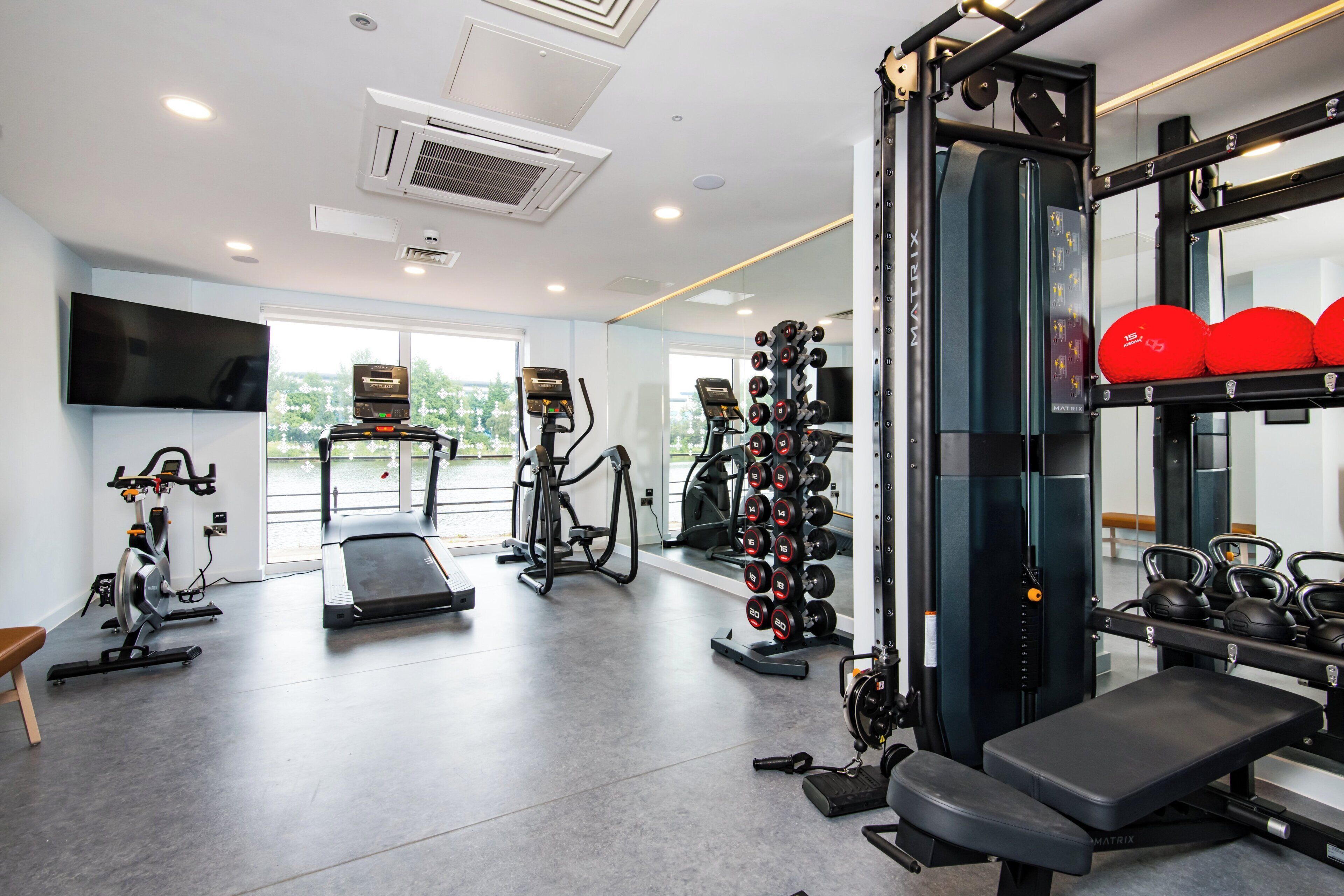 A gym with treadmills, a stair climber, a squat rack, and a bench.