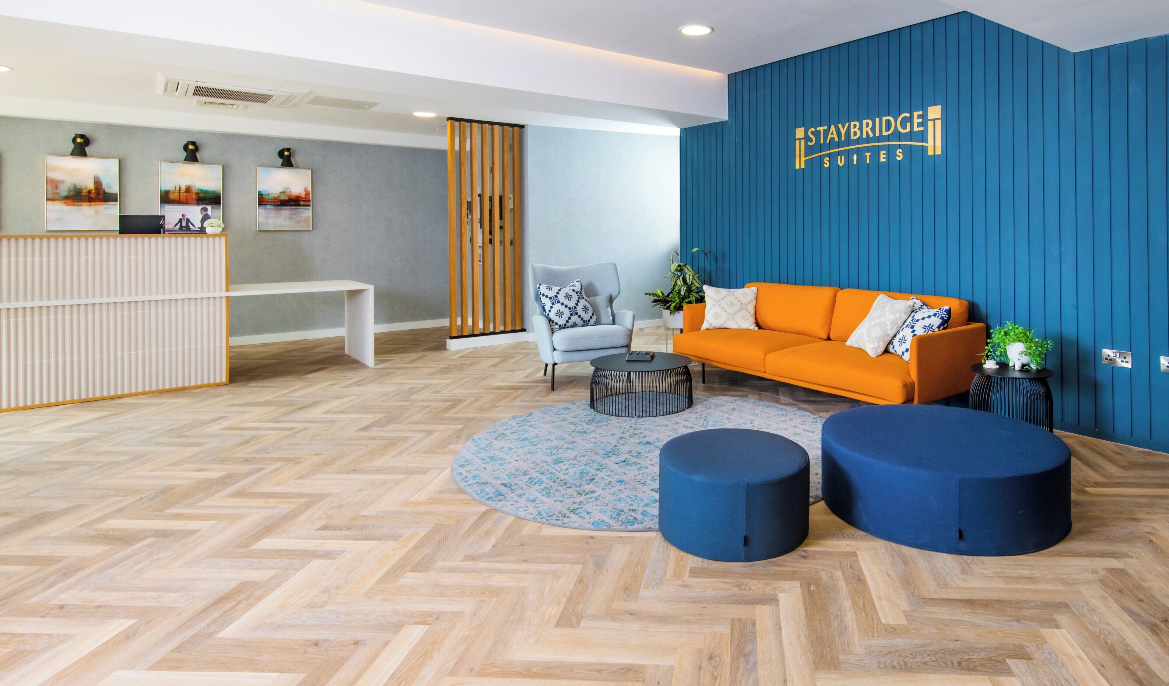 Un espace d’accueil moderne avec un mur d’accent bleu, un comptoir d’accueil, des sièges et un parquet en bois disposé en chevrons.