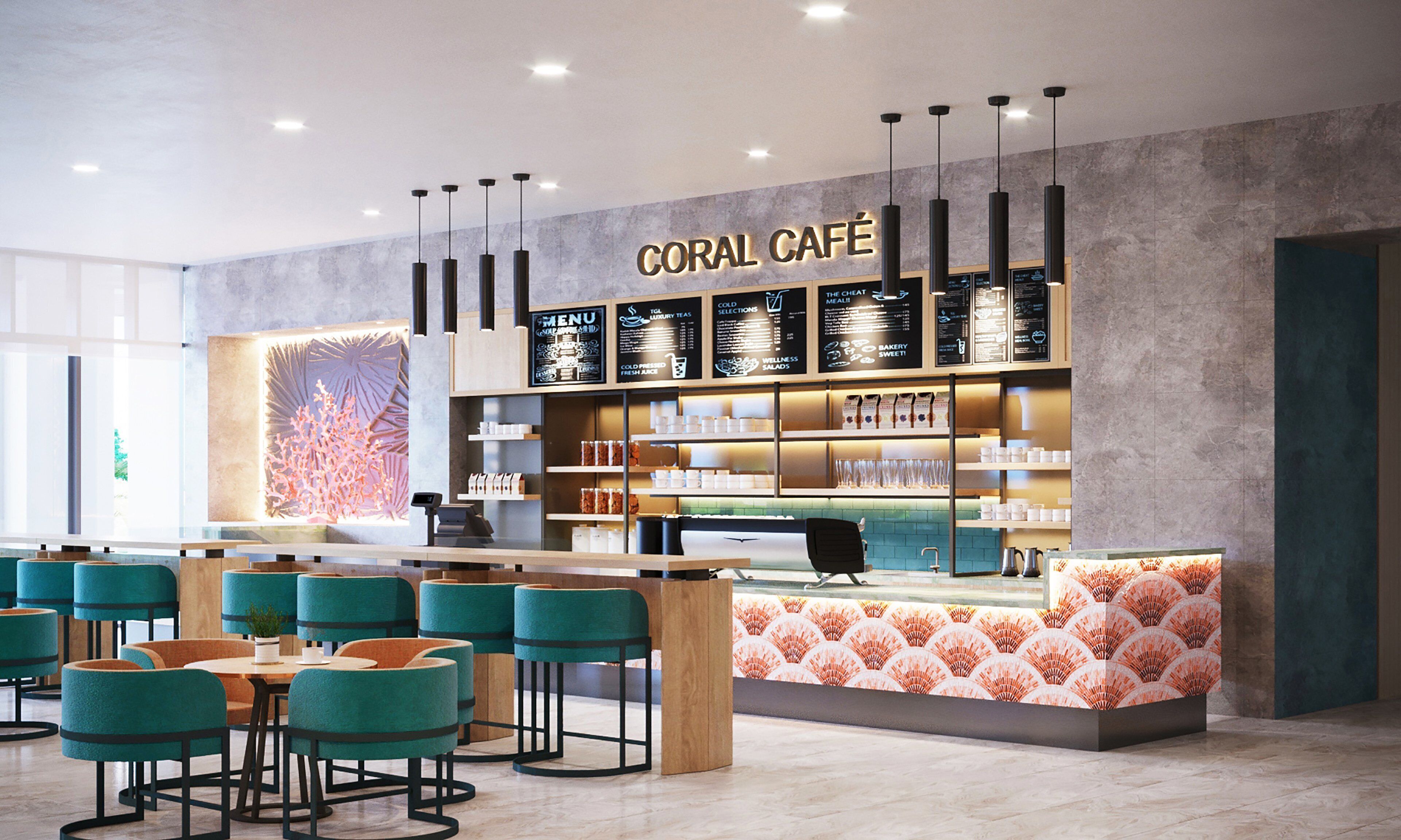 A modern café interior with a counter, seating area, and menu boards.
